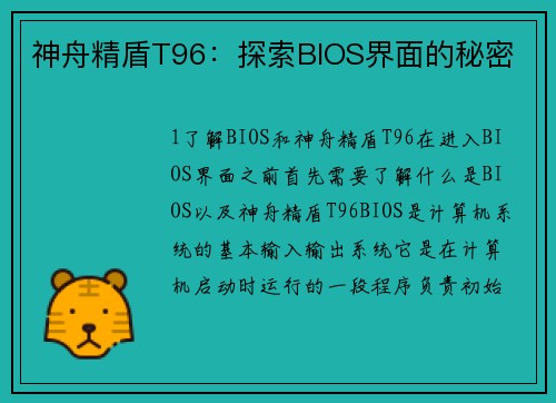 神舟精盾T96：探索BIOS界面的秘密